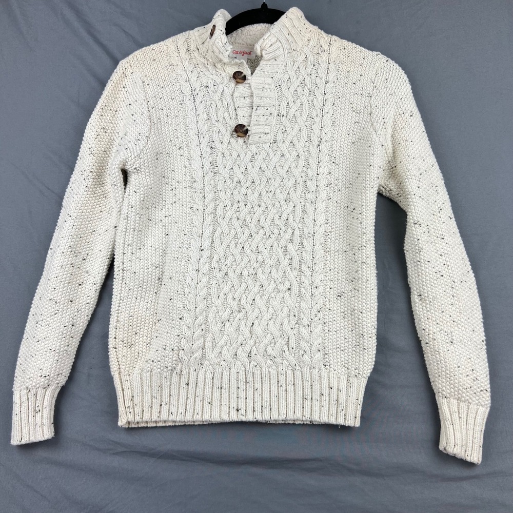 Cat & Jack Sweater Kids Size M 8/10 Mock Neck Cable Knit Cream Speckle Excellent